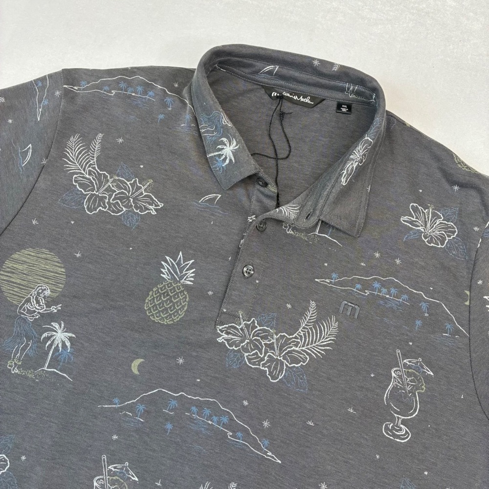 Travis Mathew Polo Shirt Mens XXL Gray Tropical Hula Pineapple Aloha Golf Top